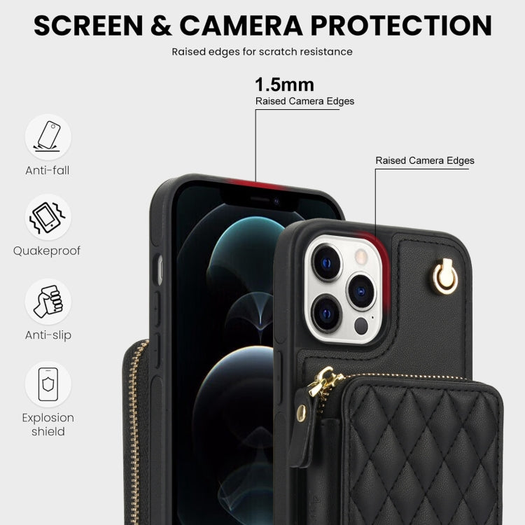 Cartera cruzada con cremallera AwQuer, funda para teléfono con parte trasera de cuero con forma de rombo, For iPhone 13 Pro, For iPhone 12 / 12 Pro, For iPhone 12 Pro Max, For iPhone 11 Pro Max, For iPhone 11, For iPhone 11 Pro