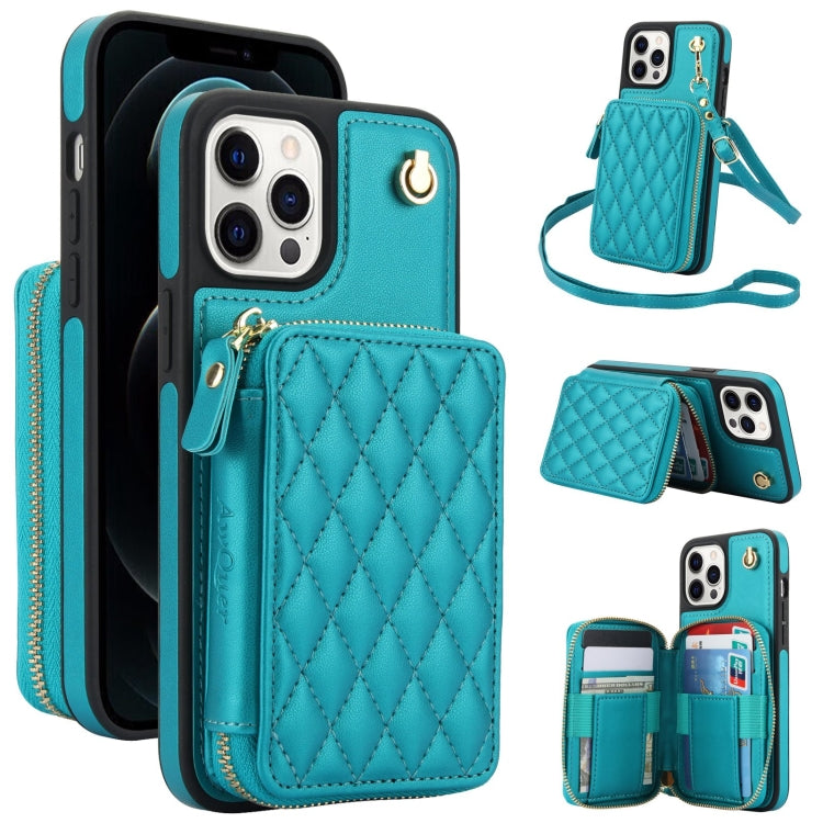 Cartera cruzada con cremallera AwQuer, funda para teléfono con parte trasera de cuero con forma de rombo, For iPhone 13 Pro, For iPhone 12 / 12 Pro, For iPhone 12 Pro Max, For iPhone 11 Pro Max, For iPhone 11, For iPhone 11 Pro