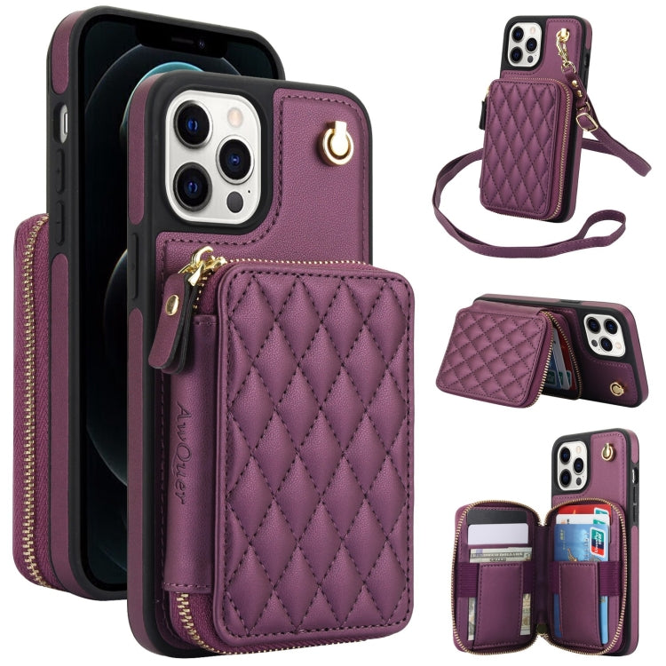 Cartera cruzada con cremallera AwQuer, funda para teléfono con parte trasera de cuero con forma de rombo, For iPhone 13 Pro, For iPhone 12 / 12 Pro, For iPhone 12 Pro Max, For iPhone 11 Pro Max, For iPhone 11, For iPhone 11 Pro
