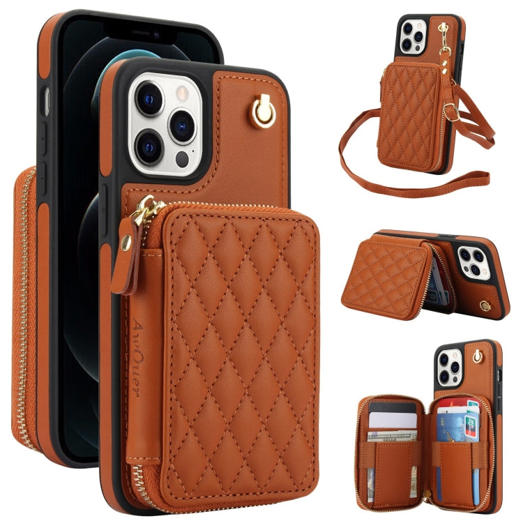 Cartera cruzada con cremallera AwQuer, funda para teléfono con parte trasera de cuero con forma de rombo, For iPhone 13 Pro, For iPhone 12 / 12 Pro, For iPhone 12 Pro Max, For iPhone 11 Pro Max, For iPhone 11, For iPhone 11 Pro