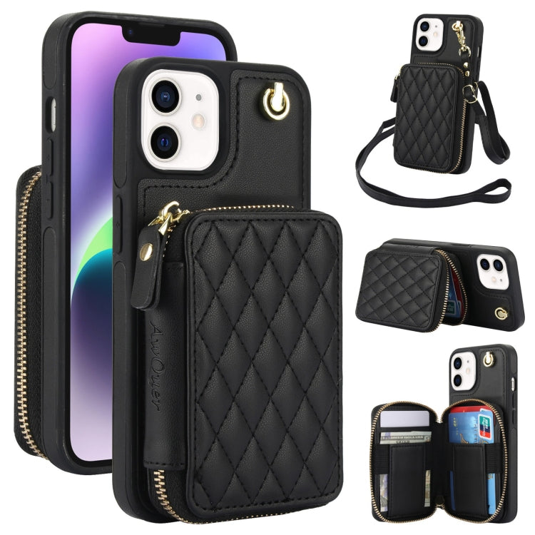 Cartera cruzada con cremallera AwQuer, funda para teléfono con parte trasera de cuero con forma de rombo, For iPhone 13 Pro, For iPhone 12 / 12 Pro, For iPhone 12 Pro Max, For iPhone 11 Pro Max, For iPhone 11, For iPhone 11 Pro