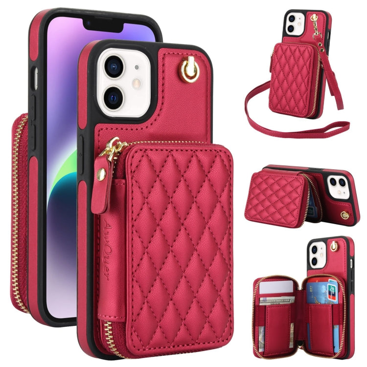 Cartera cruzada con cremallera AwQuer, funda para teléfono con parte trasera de cuero con forma de rombo, For iPhone 13 Pro, For iPhone 12 / 12 Pro, For iPhone 12 Pro Max, For iPhone 11 Pro Max, For iPhone 11, For iPhone 11 Pro