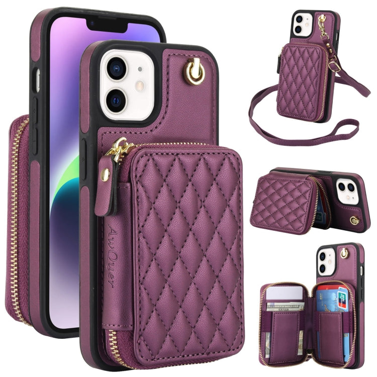Cartera cruzada con cremallera AwQuer, funda para teléfono con parte trasera de cuero con forma de rombo, For iPhone 13 Pro, For iPhone 12 / 12 Pro, For iPhone 12 Pro Max, For iPhone 11 Pro Max, For iPhone 11, For iPhone 11 Pro