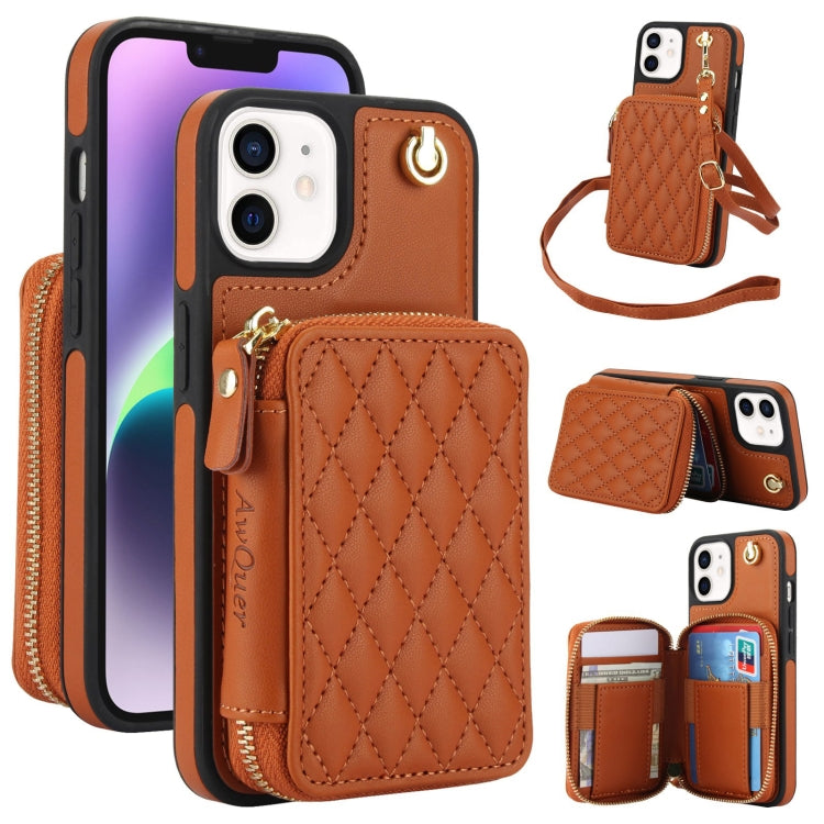 Cartera cruzada con cremallera AwQuer, funda para teléfono con parte trasera de cuero con forma de rombo, For iPhone 13 Pro, For iPhone 12 / 12 Pro, For iPhone 12 Pro Max, For iPhone 11 Pro Max, For iPhone 11, For iPhone 11 Pro
