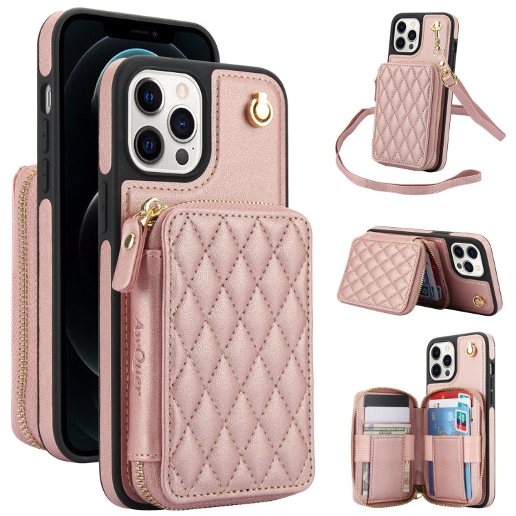 Cartera cruzada con cremallera AwQuer, funda para teléfono con parte trasera de cuero con forma de rombo, For iPhone 13 Pro, For iPhone 12 / 12 Pro, For iPhone 12 Pro Max, For iPhone 11 Pro Max, For iPhone 11, For iPhone 11 Pro