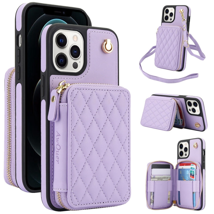 Cartera cruzada con cremallera AwQuer, funda para teléfono con parte trasera de cuero con forma de rombo, For iPhone 13 Pro, For iPhone 12 / 12 Pro, For iPhone 12 Pro Max, For iPhone 11 Pro Max, For iPhone 11, For iPhone 11 Pro