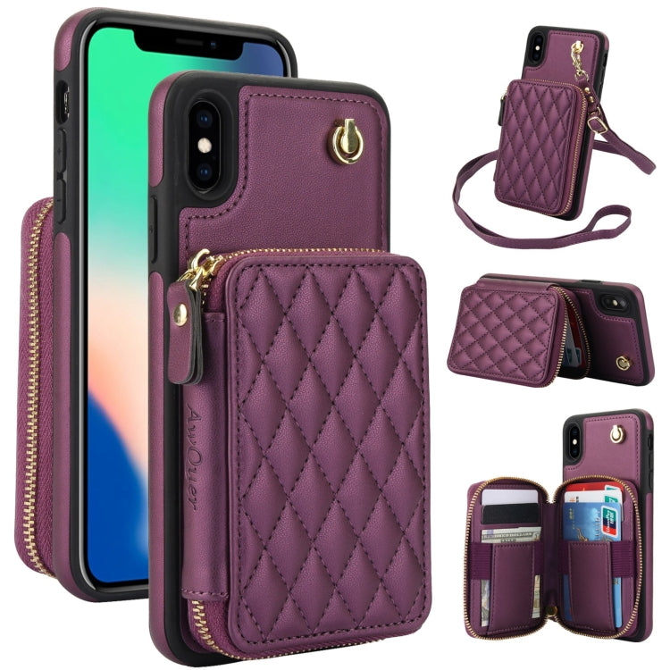 Cartera cruzada con cremallera AwQuer, funda para teléfono con parte trasera de cuero con forma de rombo, For iPhone X / XS, For iPhone XR, For iPhone XS Max, For iPhone 7 Plus / 8 Plus