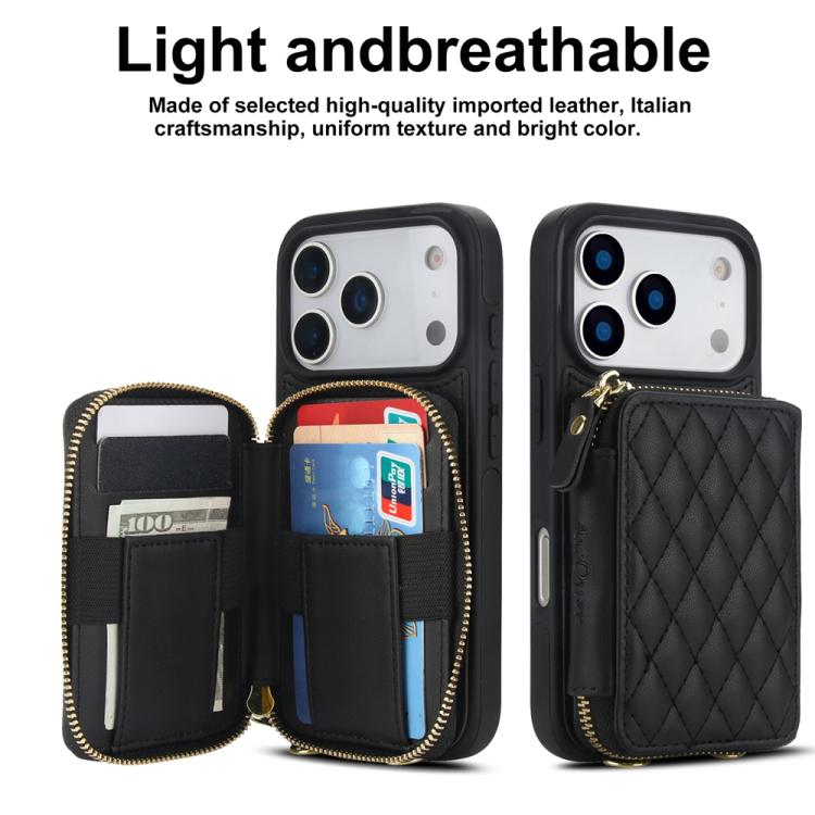 Cartera cruzada con cremallera AwQuer, funda para teléfono con parte trasera de cuero con forma de rombo, For iPhone 17 Pro Max, For iPhone 17 Pro, For iPhone 17, For iPhone Air, For iPhone 16 Pro Max, For iPhone 16 Pro