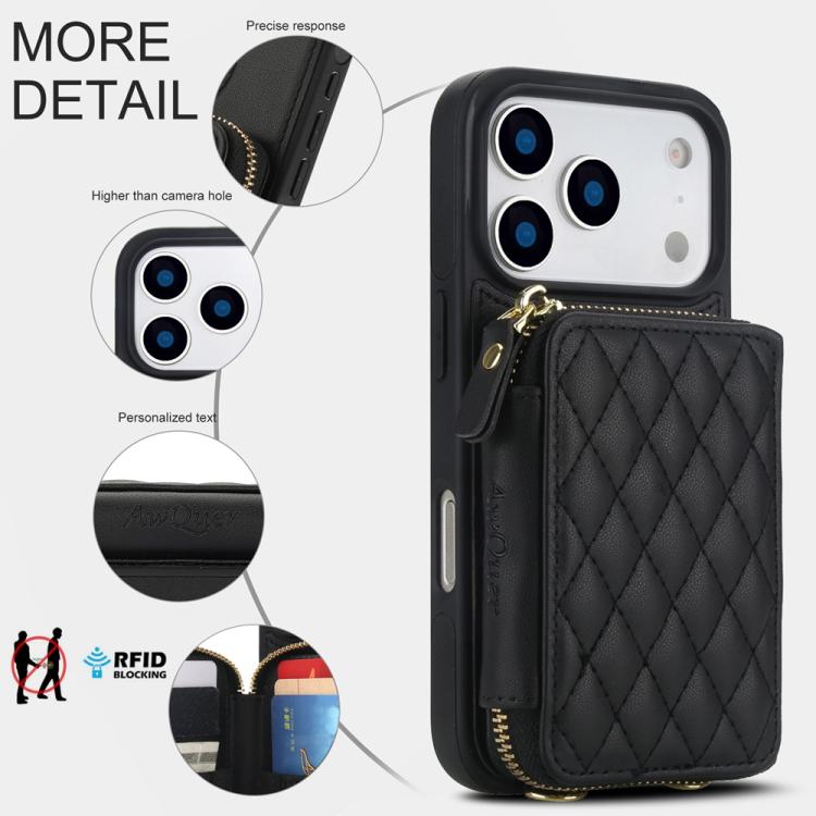 Cartera cruzada con cremallera AwQuer, funda para teléfono con parte trasera de cuero con forma de rombo, For iPhone 17 Pro Max, For iPhone 17 Pro, For iPhone 17, For iPhone Air, For iPhone 16 Pro Max, For iPhone 16 Pro