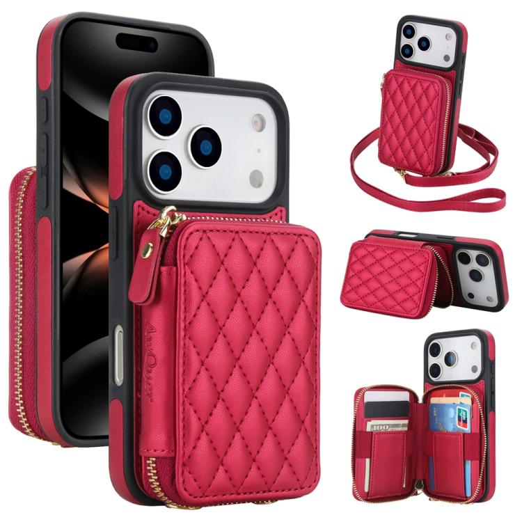Cartera cruzada con cremallera AwQuer, funda para teléfono con parte trasera de cuero con forma de rombo, For iPhone 17 Pro Max, For iPhone 17 Pro, For iPhone 17, For iPhone Air, For iPhone 16 Pro Max, For iPhone 16 Pro