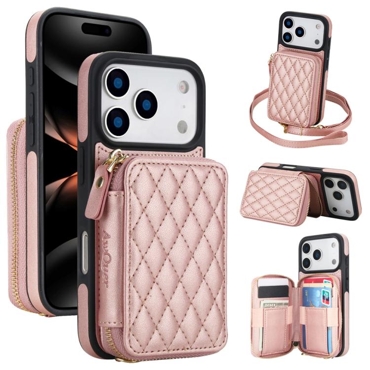 Cartera cruzada con cremallera AwQuer, funda para teléfono con parte trasera de cuero con forma de rombo, For iPhone 17 Pro Max, For iPhone 17 Pro, For iPhone 17, For iPhone Air, For iPhone 16 Pro Max, For iPhone 16 Pro