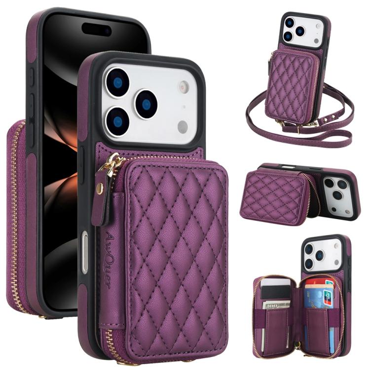 Cartera cruzada con cremallera AwQuer, funda para teléfono con parte trasera de cuero con forma de rombo, For iPhone 17 Pro Max, For iPhone 17 Pro, For iPhone 17, For iPhone Air, For iPhone 16 Pro Max, For iPhone 16 Pro