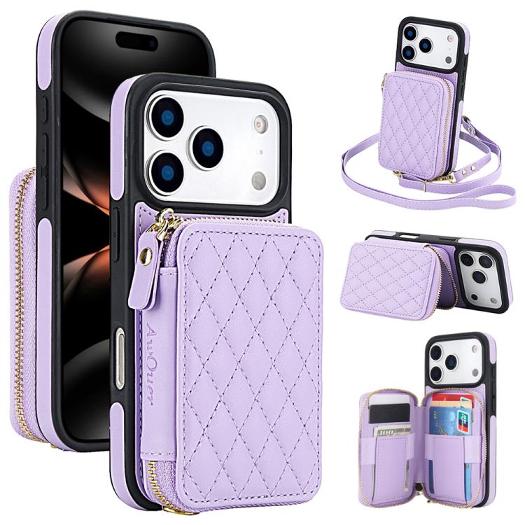 Cartera cruzada con cremallera AwQuer, funda para teléfono con parte trasera de cuero con forma de rombo, For iPhone 17 Pro Max, For iPhone 17 Pro, For iPhone 17, For iPhone Air, For iPhone 16 Pro Max, For iPhone 16 Pro