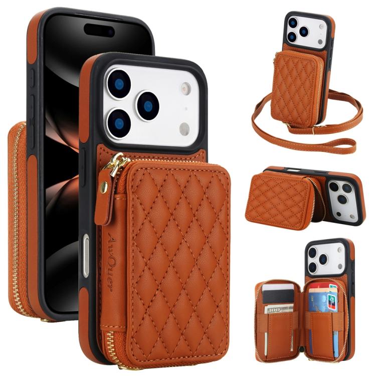 Cartera cruzada con cremallera AwQuer, funda para teléfono con parte trasera de cuero con forma de rombo, For iPhone 17 Pro Max, For iPhone 17 Pro, For iPhone 17, For iPhone Air, For iPhone 16 Pro Max, For iPhone 16 Pro