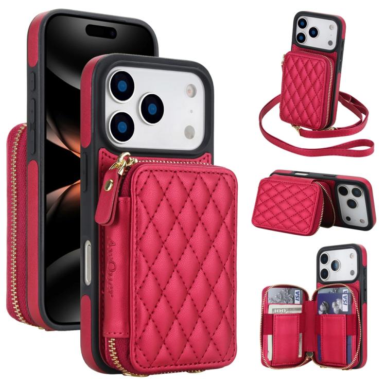 Cartera cruzada con cremallera AwQuer, funda para teléfono con parte trasera de cuero con forma de rombo, For iPhone 17 Pro Max, For iPhone 17 Pro, For iPhone 17, For iPhone Air, For iPhone 16 Pro Max, For iPhone 16 Pro
