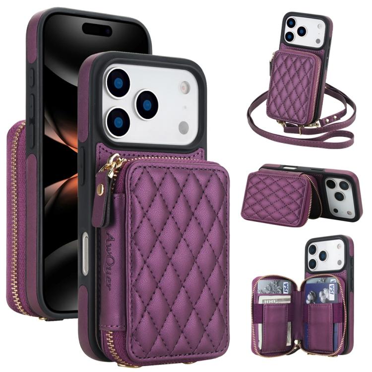 Cartera cruzada con cremallera AwQuer, funda para teléfono con parte trasera de cuero con forma de rombo, For iPhone 17 Pro Max, For iPhone 17 Pro, For iPhone 17, For iPhone Air, For iPhone 16 Pro Max, For iPhone 16 Pro