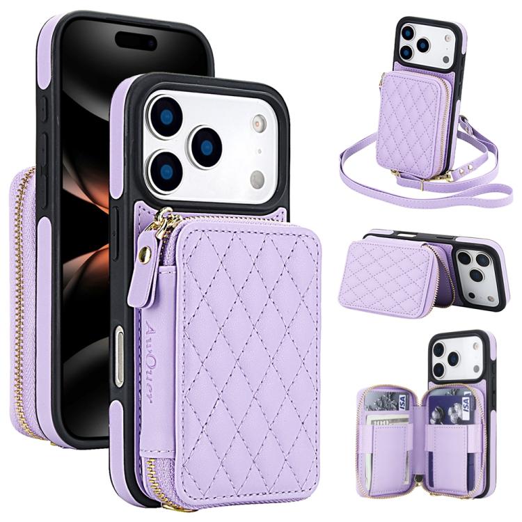 Cartera cruzada con cremallera AwQuer, funda para teléfono con parte trasera de cuero con forma de rombo, For iPhone 17 Pro Max, For iPhone 17 Pro, For iPhone 17, For iPhone Air, For iPhone 16 Pro Max, For iPhone 16 Pro