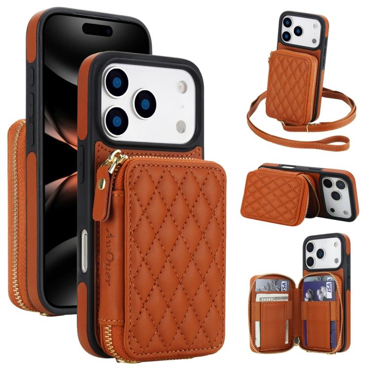 Cartera cruzada con cremallera AwQuer, funda para teléfono con parte trasera de cuero con forma de rombo, For iPhone 17 Pro Max, For iPhone 17 Pro, For iPhone 17, For iPhone Air, For iPhone 16 Pro Max, For iPhone 16 Pro