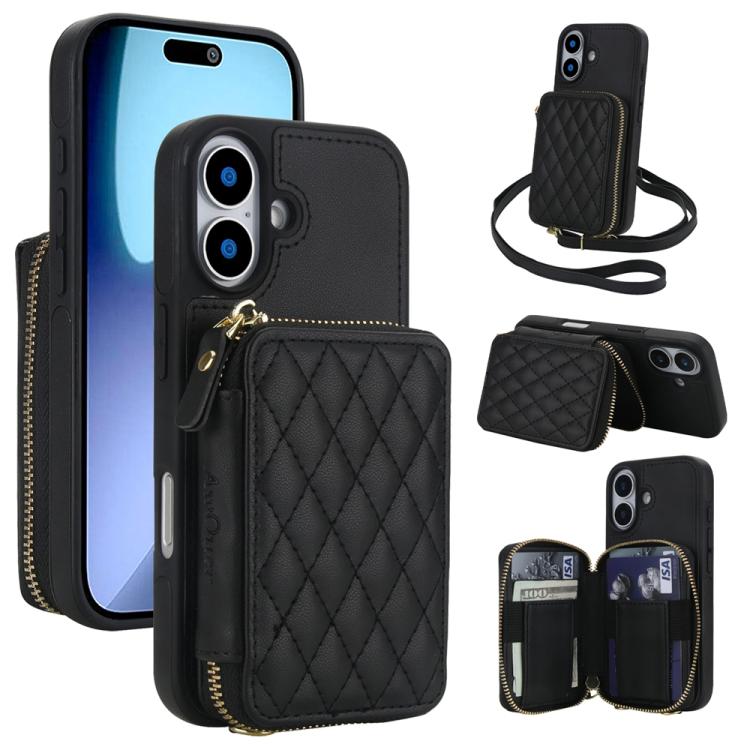 Cartera cruzada con cremallera AwQuer, funda para teléfono con parte trasera de cuero con forma de rombo, For iPhone 17 Pro Max, For iPhone 17 Pro, For iPhone 17, For iPhone Air, For iPhone 16 Pro Max, For iPhone 16 Pro