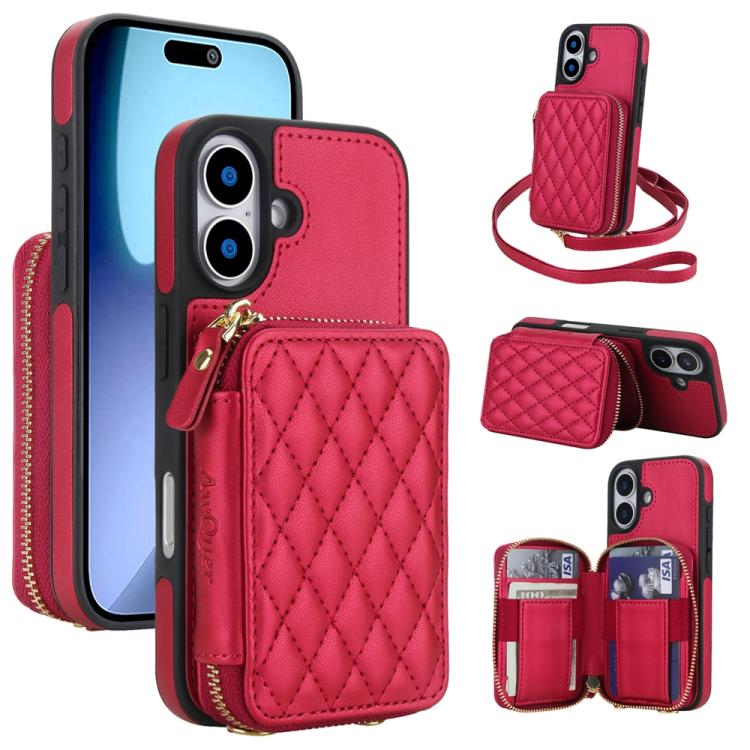 Cartera cruzada con cremallera AwQuer, funda para teléfono con parte trasera de cuero con forma de rombo, For iPhone 17 Pro Max, For iPhone 17 Pro, For iPhone 17, For iPhone Air, For iPhone 16 Pro Max, For iPhone 16 Pro