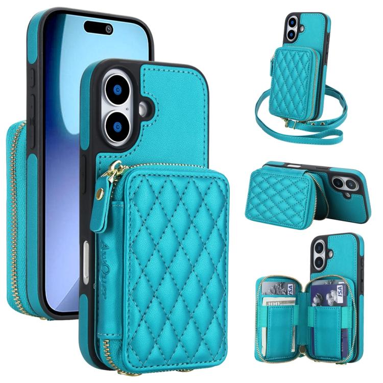 Cartera cruzada con cremallera AwQuer, funda para teléfono con parte trasera de cuero con forma de rombo, For iPhone 17 Pro Max, For iPhone 17 Pro, For iPhone 17, For iPhone Air, For iPhone 16 Pro Max, For iPhone 16 Pro