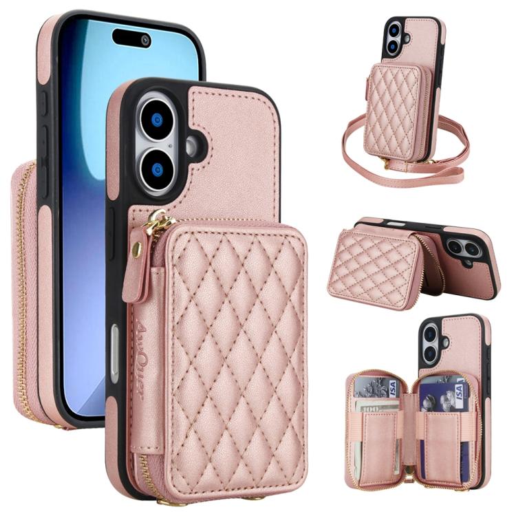 Cartera cruzada con cremallera AwQuer, funda para teléfono con parte trasera de cuero con forma de rombo, For iPhone 17 Pro Max, For iPhone 17 Pro, For iPhone 17, For iPhone Air, For iPhone 16 Pro Max, For iPhone 16 Pro