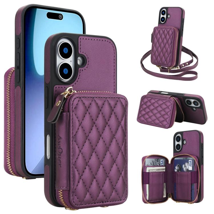 Cartera cruzada con cremallera AwQuer, funda para teléfono con parte trasera de cuero con forma de rombo, For iPhone 17 Pro Max, For iPhone 17 Pro, For iPhone 17, For iPhone Air, For iPhone 16 Pro Max, For iPhone 16 Pro