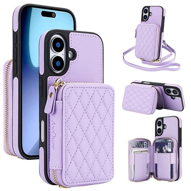 Cartera cruzada con cremallera AwQuer, funda para teléfono con parte trasera de cuero con forma de rombo, For iPhone 17 Pro Max, For iPhone 17 Pro, For iPhone 17, For iPhone Air, For iPhone 16 Pro Max, For iPhone 16 Pro