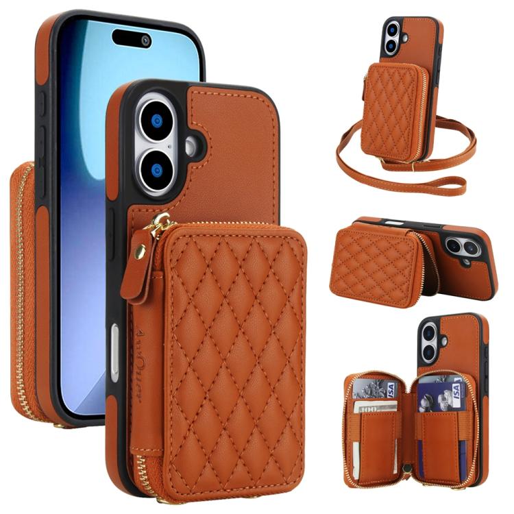 Cartera cruzada con cremallera AwQuer, funda para teléfono con parte trasera de cuero con forma de rombo, For iPhone 17 Pro Max, For iPhone 17 Pro, For iPhone 17, For iPhone Air, For iPhone 16 Pro Max, For iPhone 16 Pro