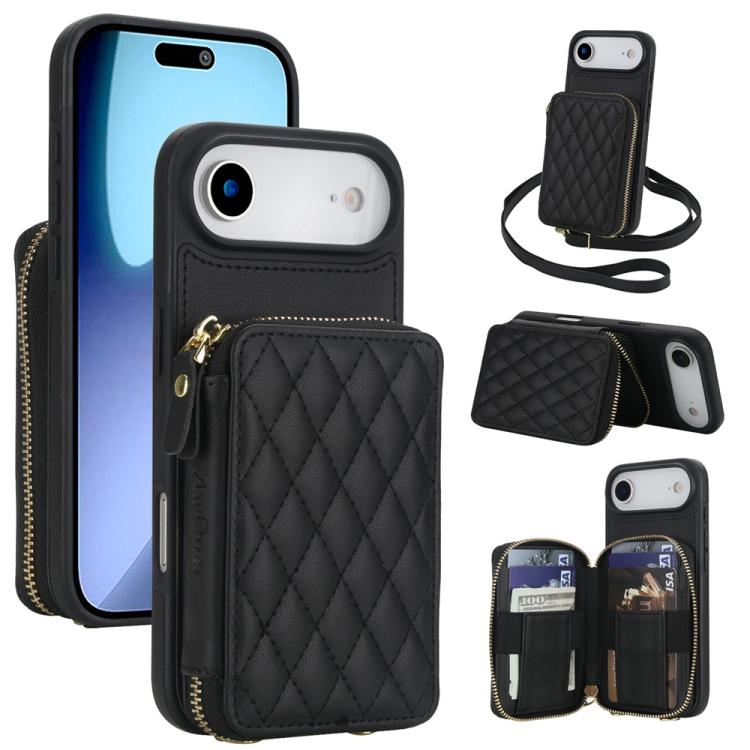 Cartera cruzada con cremallera AwQuer, funda para teléfono con parte trasera de cuero con forma de rombo, For iPhone 17 Pro Max, For iPhone 17 Pro, For iPhone 17, For iPhone Air, For iPhone 16 Pro Max, For iPhone 16 Pro