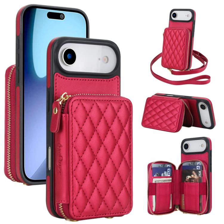 Cartera cruzada con cremallera AwQuer, funda para teléfono con parte trasera de cuero con forma de rombo, For iPhone 17 Pro Max, For iPhone 17 Pro, For iPhone 17, For iPhone Air, For iPhone 16 Pro Max, For iPhone 16 Pro