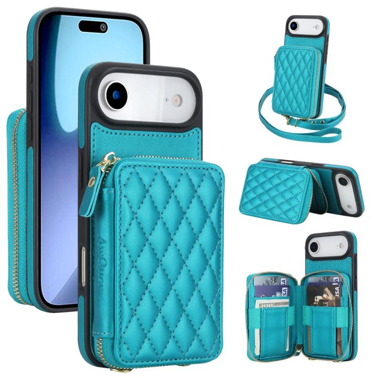 Cartera cruzada con cremallera AwQuer, funda para teléfono con parte trasera de cuero con forma de rombo, For iPhone 17 Pro Max, For iPhone 17 Pro, For iPhone 17, For iPhone Air, For iPhone 16 Pro Max, For iPhone 16 Pro