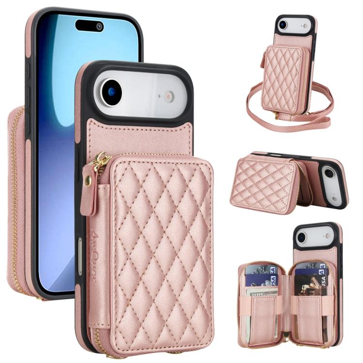 Cartera cruzada con cremallera AwQuer, funda para teléfono con parte trasera de cuero con forma de rombo, For iPhone 17 Pro Max, For iPhone 17 Pro, For iPhone 17, For iPhone Air, For iPhone 16 Pro Max, For iPhone 16 Pro