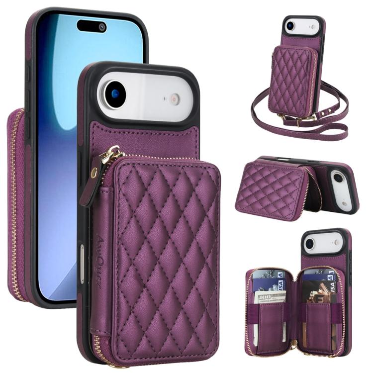 Cartera cruzada con cremallera AwQuer, funda para teléfono con parte trasera de cuero con forma de rombo, For iPhone 17 Pro Max, For iPhone 17 Pro, For iPhone 17, For iPhone Air, For iPhone 16 Pro Max, For iPhone 16 Pro