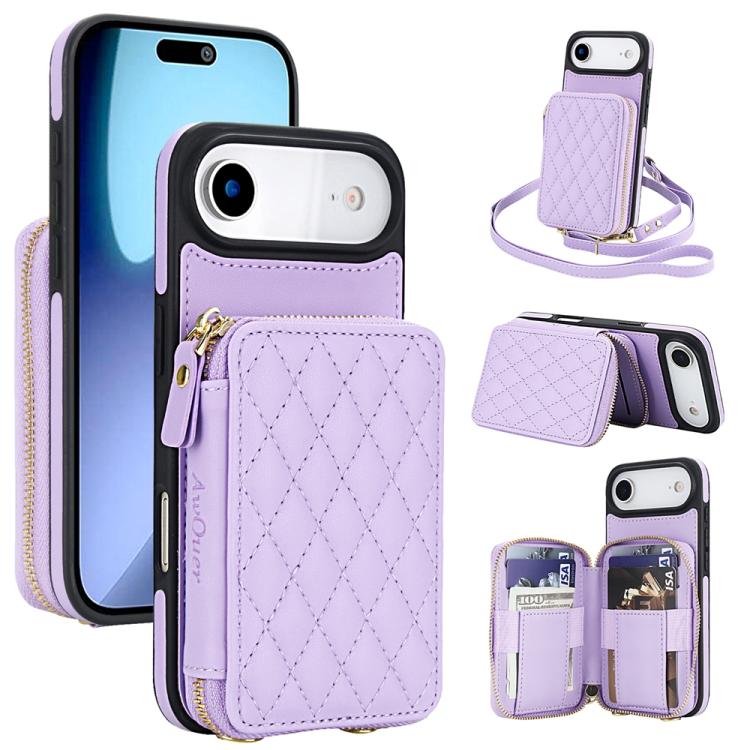 Cartera cruzada con cremallera AwQuer, funda para teléfono con parte trasera de cuero con forma de rombo, For iPhone 17 Pro Max, For iPhone 17 Pro, For iPhone 17, For iPhone Air, For iPhone 16 Pro Max, For iPhone 16 Pro