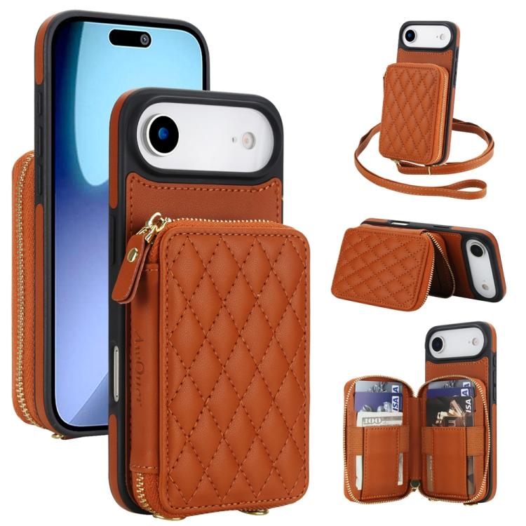 Cartera cruzada con cremallera AwQuer, funda para teléfono con parte trasera de cuero con forma de rombo, For iPhone 17 Pro Max, For iPhone 17 Pro, For iPhone 17, For iPhone Air, For iPhone 16 Pro Max, For iPhone 16 Pro
