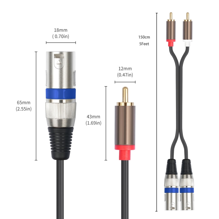Cable de audio de 2 RCA macho a 2 XLR de 3 pines macho, 1.5m, 3m