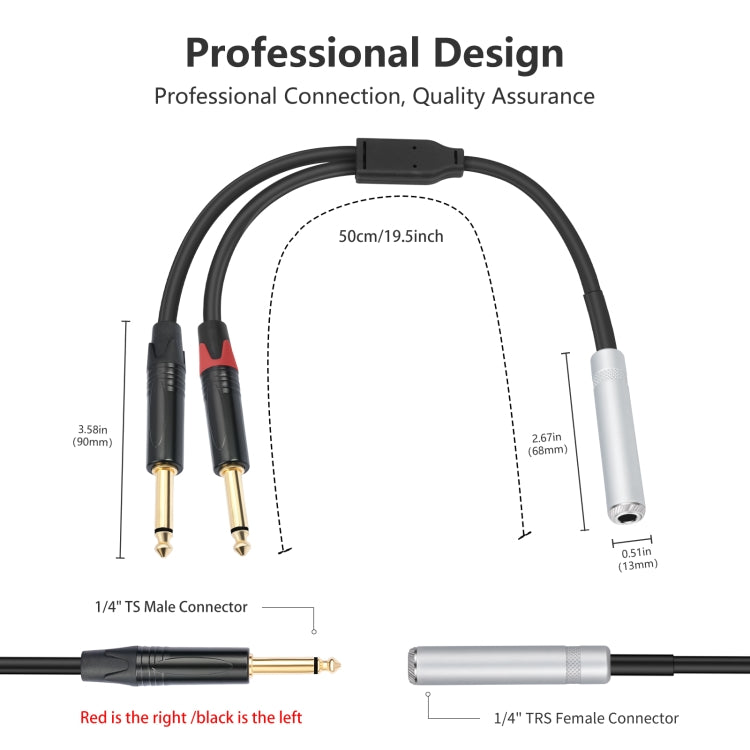 Cable de audio estéreo TRS hembra de 6,35 mm y 1/4" a conector macho doble tipo Y, 6.35mm F to 2 x M