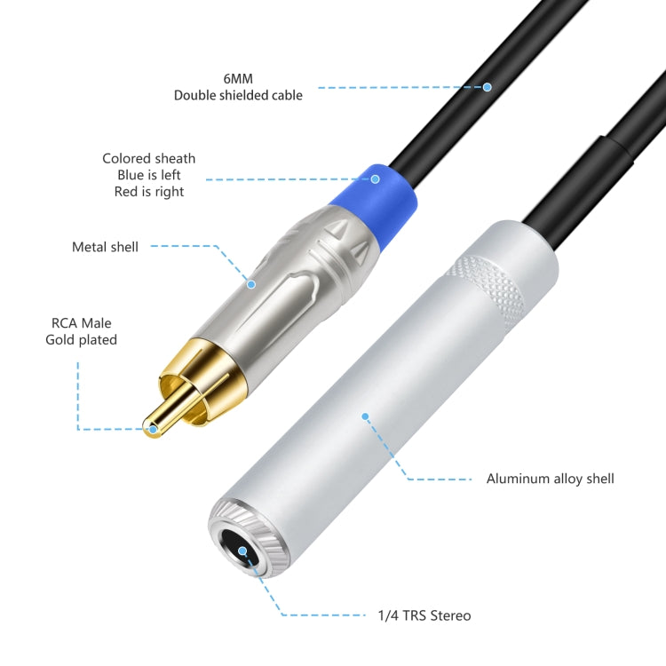 Cable de audio estéreo TRS hembra de 6,35 mm y 1/4" a RCA macho doble tipo Y, 6.35mm F to 2 RCA