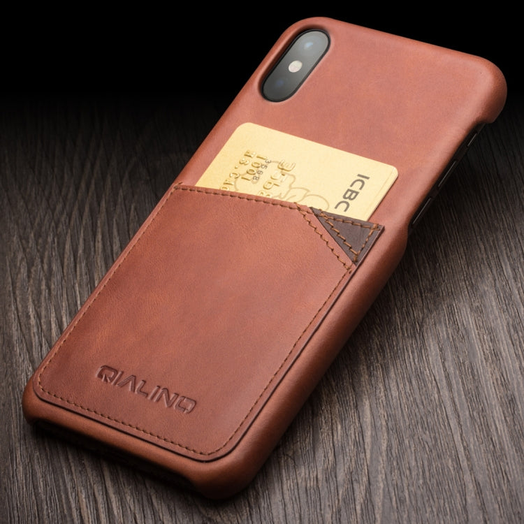 Para iPhone X / XS QIALINO Funda protectora de cuero de vaca a prueba de golpes con ranura para tarjeta