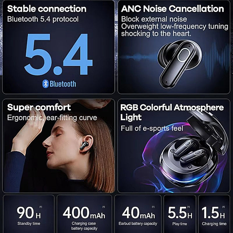Auriculares inalámbricos con Bluetooth para juegos con reducción de ruido REMAX GameBuds G9 ANC, Gamebuds G9  Black, Gamebuds G9  Silver
