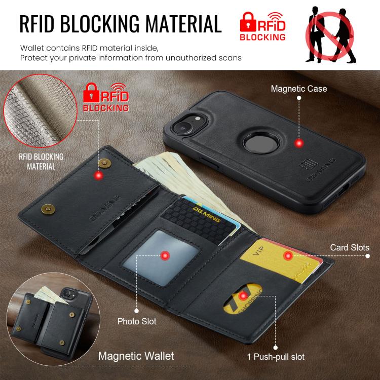Estuche para tarjetas RFID de tres pliegues de la serie M6 de DG.MING Estuche de cuero extraíble para teléfono, For iPhone 17e / 16e, For iPhone 17 Pro Max, For iPhone 17 Pro, For iPhone 17, For iPhone Air, For iPhone 16 Pro Max, For iPhone 16 Pro     ...