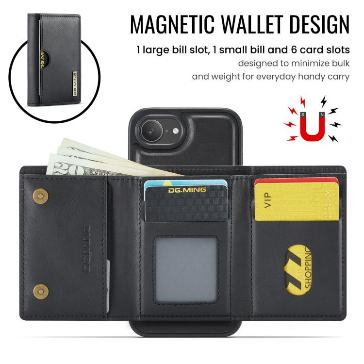 Estuche para tarjetas RFID de tres pliegues de la serie M6 de DG.MING Estuche de cuero extraíble para teléfono, For iPhone 17e / 16e, For iPhone 17 Pro Max, For iPhone 17 Pro, For iPhone 17, For iPhone Air, For iPhone 16 Pro Max, For iPhone 16 Pro     ...