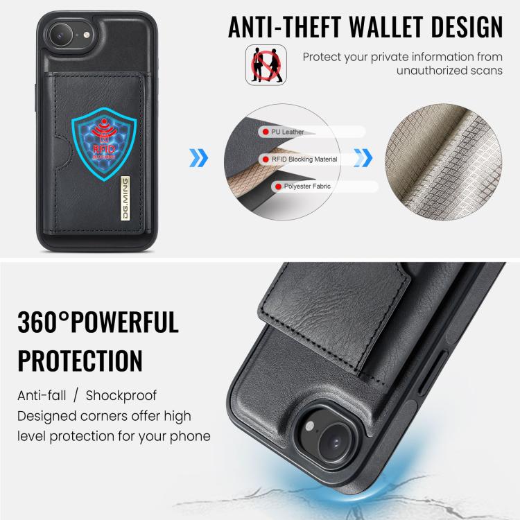 Estuche para tarjetas RFID de tres pliegues de la serie M6 de DG.MING Estuche de cuero extraíble para teléfono, For iPhone 17e / 16e, For iPhone 17 Pro Max, For iPhone 17 Pro, For iPhone 17, For iPhone Air, For iPhone 16 Pro Max, For iPhone 16 Pro     ...