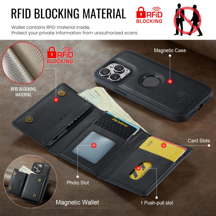 Estuche para tarjetas RFID de tres pliegues de la serie M6 de DG.MING Estuche de cuero extraíble para teléfono, For iPhone 15 Pro Max, For iPhone 15 Pro, For iPhone 15 Plus, For iPhone 15, For iPhone 14 Plus, For iPhone 14, For iPhone 14 Pro           ...