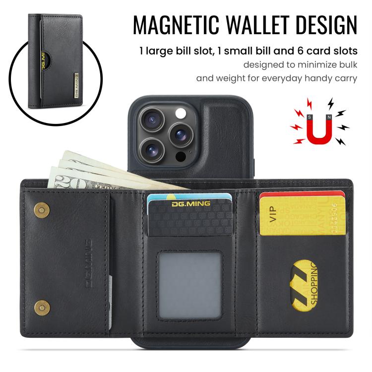 Estuche para tarjetas RFID de tres pliegues de la serie M6 de DG.MING Estuche de cuero extraíble para teléfono, For iPhone 15 Pro Max, For iPhone 15 Pro, For iPhone 15 Plus, For iPhone 15, For iPhone 14 Plus, For iPhone 14, For iPhone 14 Pro           ...