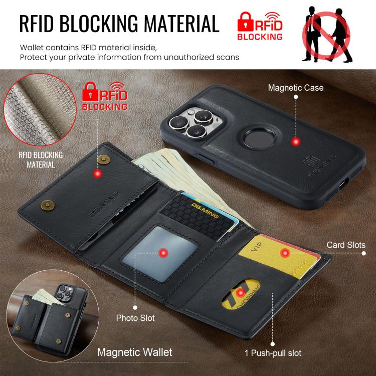 Estuche para tarjetas RFID de tres pliegues de la serie M6 de DG.MING Estuche de cuero extraíble para teléfono, For iPhone 13 Pro, For iPhone 13, For iPhone 12, For iPhone 12 Pro Max, For iPhone 12 Pro, For iPhone 11 Pro Max, For iPhone 11             ...
