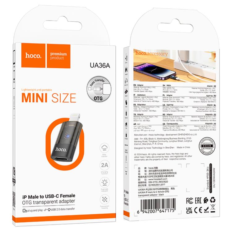 Adaptador OTG transparente hoco UA36A de 8 pines macho a USB-C/Tipo-C hembra, 8 Pin Male to USB-C / Type-C Female