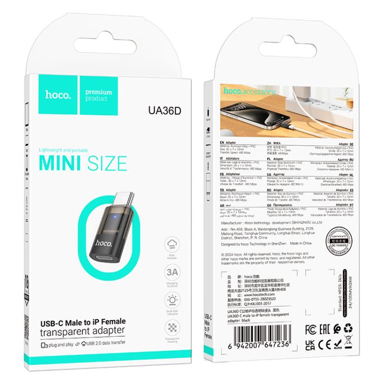 Adaptador OTG transparente hoco UA36D USB-C/Tipo-C macho a hembra de 8 pines, USB-C / Type-C Male to 8 Pin Female