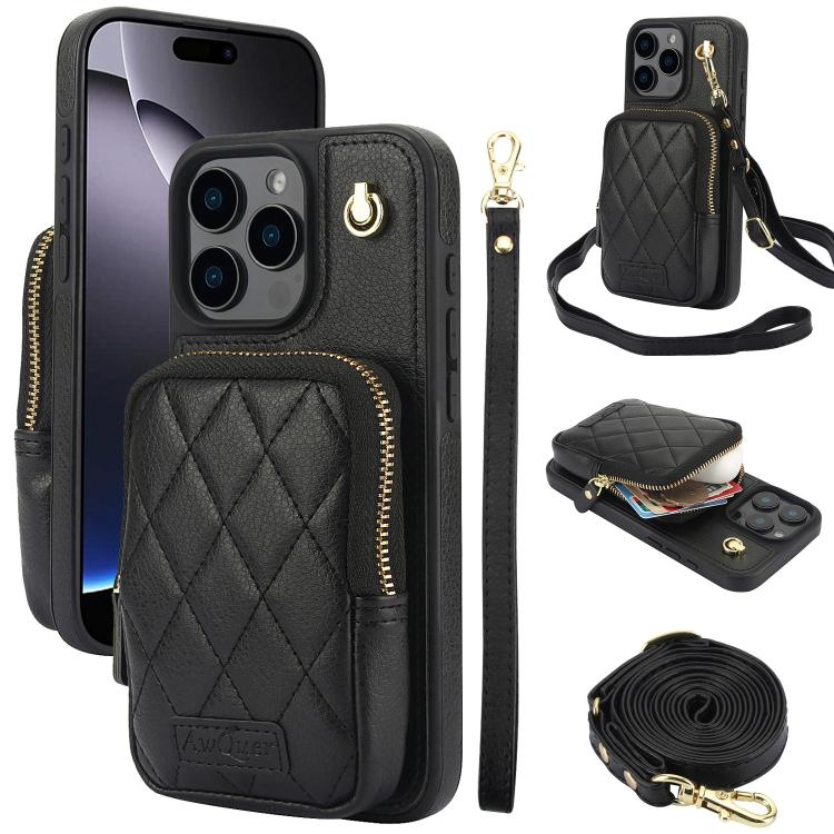 Cartera con cremallera y bandolera AwQuer, funda de piel de lichi para teléfono, For iPhone 16 Pro Max, For iPhone 16 Pro, For iPhone 16 Plus, For iPhone 16, For iPhone 15 Pro Max, For iPhone 15 Pro